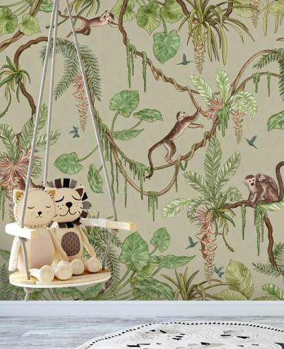 grön anpassningsbar plantskola väggmålning som heter Playful Monkeys - Green av Kikki Belle grön anpassningsbar plantskola väggmålning som heter Playful Monkeys - Green av Kikki Belle