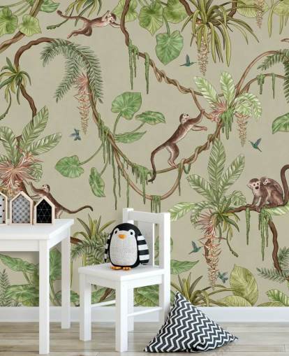 mural de pared verde personalizable para guardería llamado Playful Monkeys - Green de Kikki Belle mural de pared verde personalizable para guardería llamado Playful Monkeys - Green de Kikki Belle