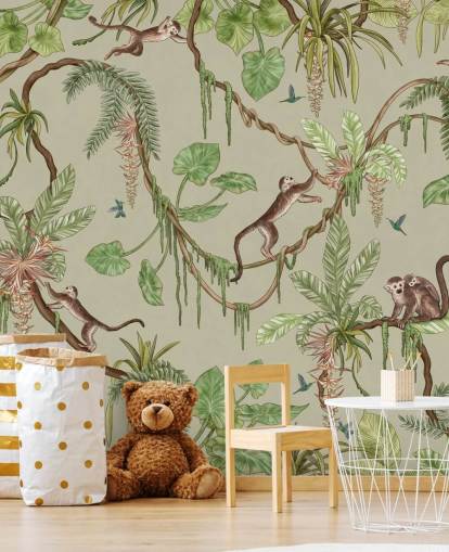Grünes personalisierbares Wandbild für Kinderzimmer namens Playful Monkeys - Green von Kikki Belle Grünes personalisierbares Wandbild für Kinderzimmer namens Playful Monkeys - Green von Kikki Belle