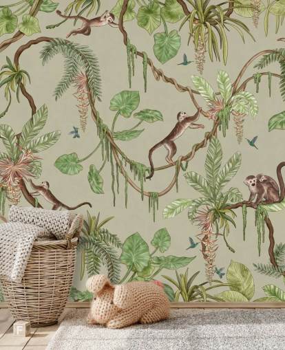 green customisable nursery wall mural called Playful Monkeys - Green by Kikki Belle green customisable nursery wall mural called Playful Monkeys - Green by Kikki Belle