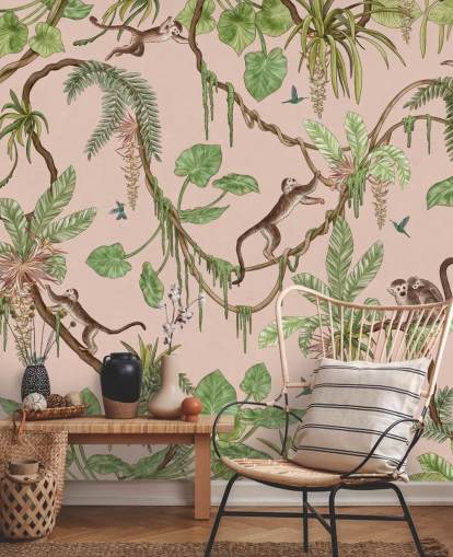 pink custom bedroom wall mural called Playful Monkeys - Pink by Kikki Belle for nurseries pink custom bedroom wall mural called Playful Monkeys - Pink by Kikki Belle for nurseries