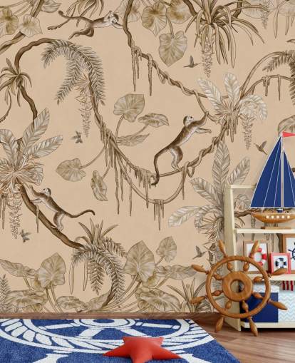 mural de parede de berçário personalizável em bege chamado Playful Monkeys - Vintage Beige de Kikki Belle mural de parede de berçário personalizável em bege chamado Playful Monkeys - Vintage Beige de Kikki Belle