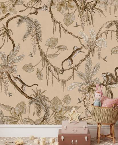 beige customisable nursery wall mural called Playful Monkeys - Vintage Beige by Kikki Belle beige customisable nursery wall mural called Playful Monkeys - Vintage Beige by Kikki Belle