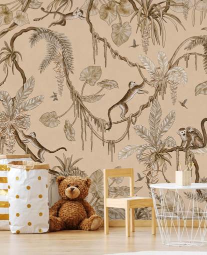 beige customisable nursery wall mural called Playful Monkeys - Vintage Beige by Kikki Belle beige customisable nursery wall mural called Playful Monkeys - Vintage Beige by Kikki Belle
