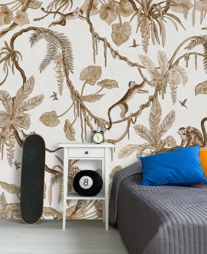 mural de parede de berçário branco personalizável chamado Playful Monkeys - Vintage White de Kikki Belle para creches mural de parede de berçário branco personalizável chamado Playful Monkeys - Vintage White de Kikki Belle para creches