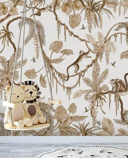 white customisable nursery wall mural called Playful Monkeys - Vintage White by Kikki Belle for nurseries white customisable nursery wall mural called Playful Monkeys - Vintage White by Kikki Belle for nurseries