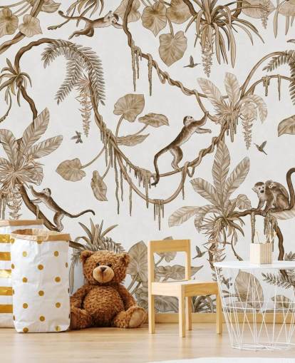 valkoinen muokattava lastentarhan seinämaalaus nimeltä Playful Monkeys - Vintage White by Kikki Belle lastentarhoille valkoinen muokattava lastentarhan seinämaalaus nimeltä Playful Monkeys - Vintage White by Kikki Belle lastentarhoille