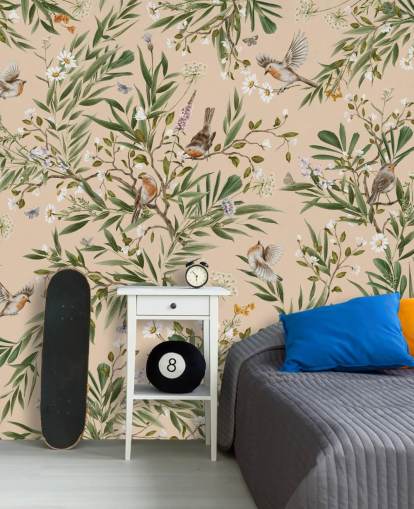 beige customisable nursery wallpaper mural called Playful Robins - Beige by Kikki Belle beige customisable nursery wallpaper mural called Playful Robins - Beige by Kikki Belle