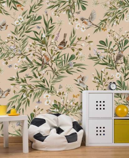 mural de papel de parede de berçário personalizável bege chamado Playful Robins - Beige de Kikki Belle mural de papel de parede de berçário personalizável bege chamado Playful Robins - Beige de Kikki Belle