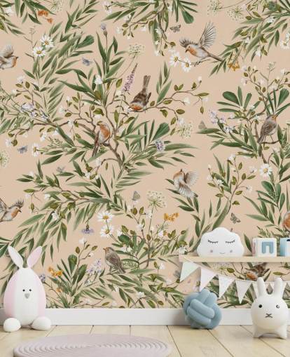 mural de papel de parede de berçário personalizável bege chamado Playful Robins - Beige de Kikki Belle mural de papel de parede de berçário personalizável bege chamado Playful Robins - Beige de Kikki Belle