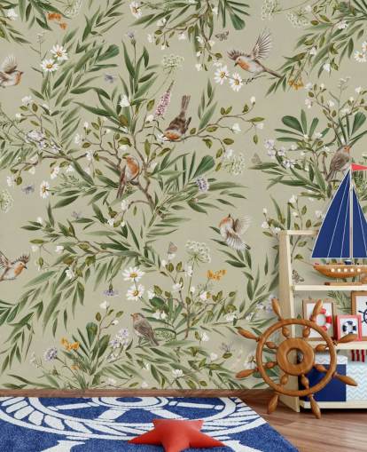 green custom robin wall mural called Playful Robins - Green by Kikki Belle green custom robin wall mural called Playful Robins - Green by Kikki Belle