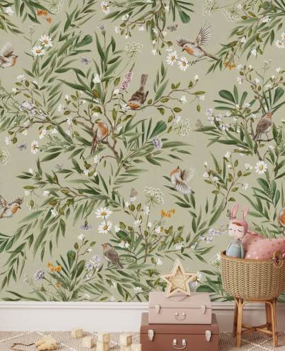 mural de parede verde personalizado chamado Playful Robins - Green de Kikki Belle mural de parede verde personalizado chamado Playful Robins - Green de Kikki Belle