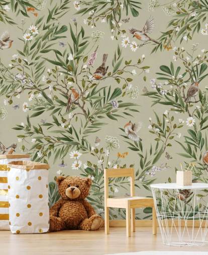 green custom robin wall mural called Playful Robins - Green by Kikki Belle green custom robin wall mural called Playful Robins - Green by Kikki Belle