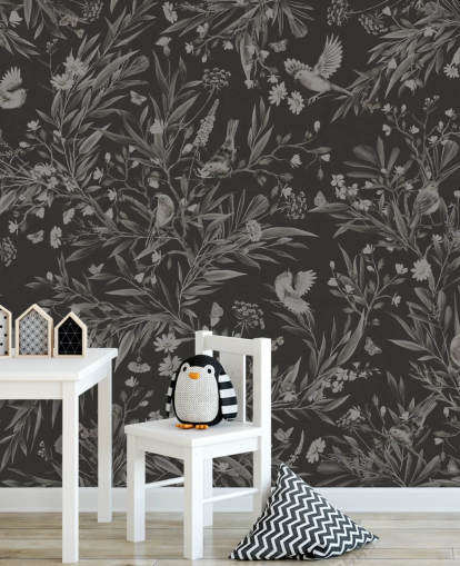 peinture murale noire personnalisée pour chambre d'enfant appelée Playful Robins - Monochrome Black de Kikki Belle pour salles de jeux peinture murale noire personnalisée pour chambre d'enfant appelée Playful Robins - Monochrome Black de Kikki Belle pour salles de jeux