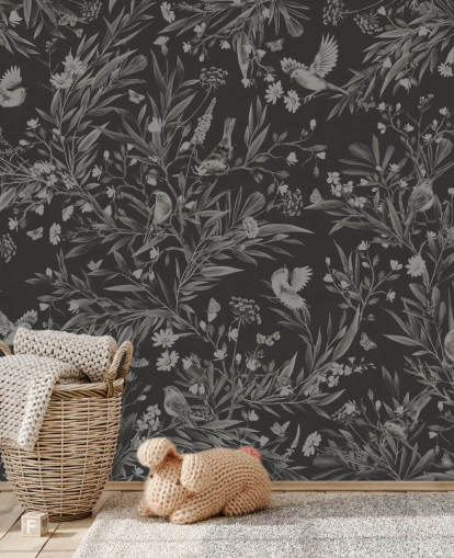 black custom nursery mural called Playful Robins - Monochrome Black by Kikki Belle for playrooms black custom nursery mural called Playful Robins - Monochrome Black by Kikki Belle for playrooms