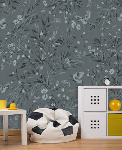 blue custom nursery mural called Playful Robins - Monochrome Blue by Kikki Belle blue custom nursery mural called Playful Robins - Monochrome Blue by Kikki Belle