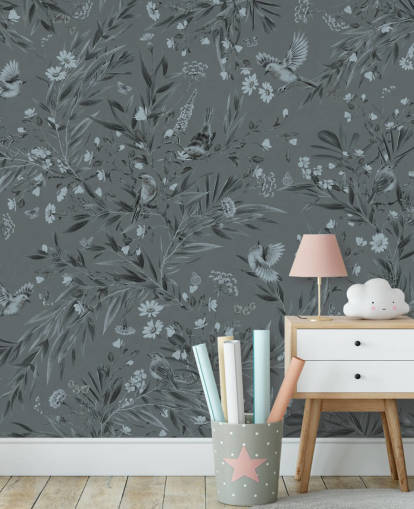 mural de berçário personalizado azul chamado Playful Robins - Monochrome Blue de Kikki Belle mural de berçário personalizado azul chamado Playful Robins - Monochrome Blue de Kikki Belle