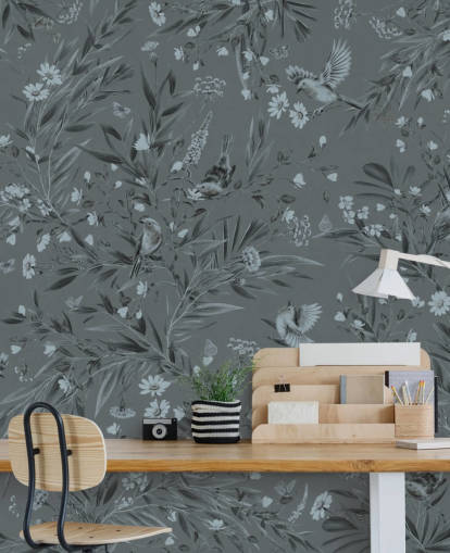 mural de berçário personalizado azul chamado Playful Robins - Monochrome Blue de Kikki Belle mural de berçário personalizado azul chamado Playful Robins - Monochrome Blue de Kikki Belle