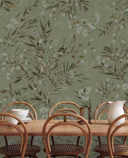 groene aanpasbare speelkamermuurschildering genaamd Playful Robins - Monochrome Green voor kinderdagverblijven groene aanpasbare speelkamermuurschildering genaamd Playful Robins - Monochrome Green voor kinderdagverblijven