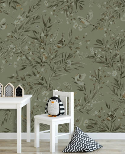 mural de parede de sala de jogos personalizável verde chamado Playful Robins - Verde monocromático para creches mural de parede de sala de jogos personalizável verde chamado Playful Robins - Verde monocromático para creches