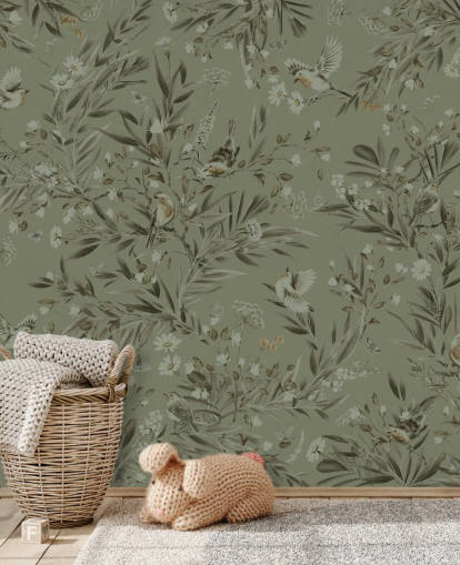 green customisable playroom wall mural called Playful Robins - Monochrome Green for nurseries green customisable playroom wall mural called Playful Robins - Monochrome Green for nurseries