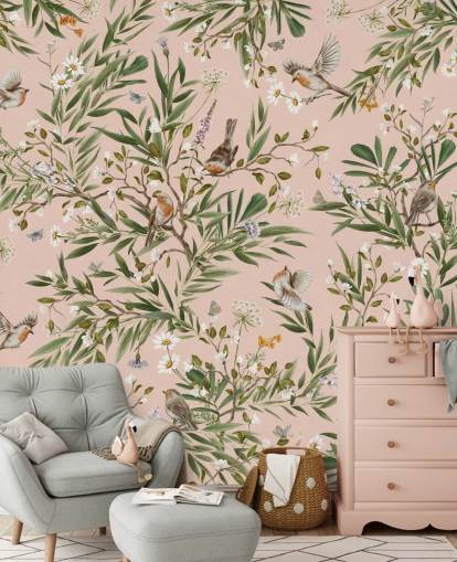 pink custom kids wall mural called Playful Robins - Pink by Kikki Belle for nurseries pink custom kids wall mural called Playful Robins - Pink by Kikki Belle for nurseries