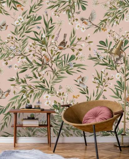 pink custom kids wall mural called Playful Robins - Pink by Kikki Belle for nurseries pink custom kids wall mural called Playful Robins - Pink by Kikki Belle for nurseries