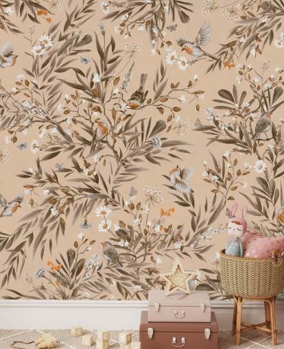 beige customisable kids mural called Playful Robins - Vintage Beige by Kikki Belle for nurseries beige customisable kids mural called Playful Robins - Vintage Beige by Kikki Belle for nurseries