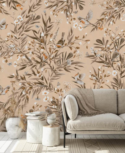 beige tilpasselig vægmaleri til børn kaldet Playful Robins - Vintage Beige af Kikki Belle til børnehaver beige tilpasselig vægmaleri til børn kaldet Playful Robins - Vintage Beige af Kikki Belle til børnehaver