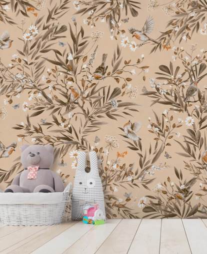 beige customisable kids mural called Playful Robins - Vintage Beige by Kikki Belle for nurseries beige customisable kids mural called Playful Robins - Vintage Beige by Kikki Belle for nurseries