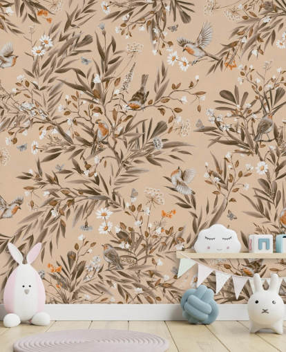 mural infantil personalizável em bege chamado Playful Robins - Vintage Beige de Kikki Belle para creches mural infantil personalizável em bege chamado Playful Robins - Vintage Beige de Kikki Belle para creches