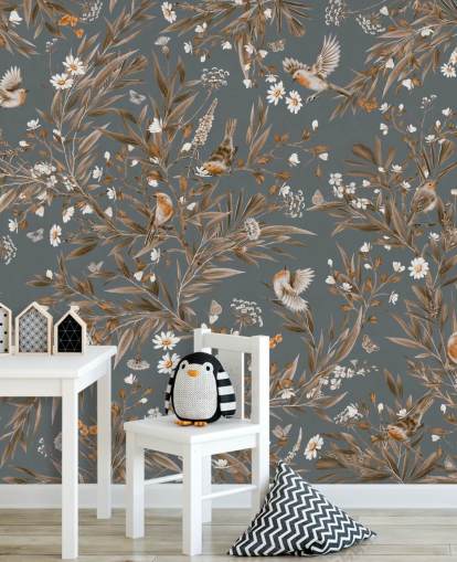 mural de parede de berçário personalizável azul chamado Playful Robins - Vintage Blue de Kikki Belle mural de parede de berçário personalizável azul chamado Playful Robins - Vintage Blue de Kikki Belle