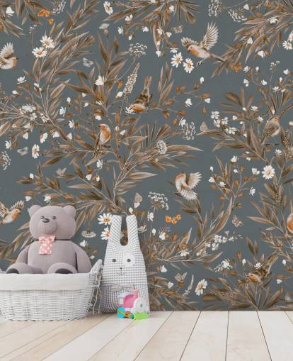 blue customisable nursery wall mural called Playful Robins - Vintage Blue by Kikki Belle blue customisable nursery wall mural called Playful Robins - Vintage Blue by Kikki Belle