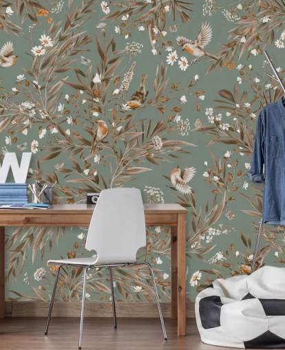 green and brown kids mural called Playful Robins - Vintage Green by Kikki Belle for nursery walls green and brown kids mural called Playful Robins - Vintage Green by Kikki Belle for nursery walls