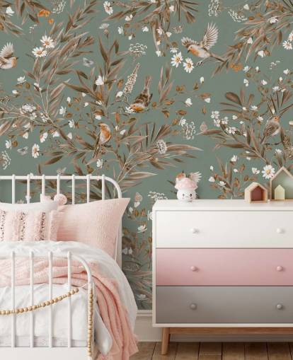 green and brown kids mural called Playful Robins - Vintage Green by Kikki Belle for nursery walls green and brown kids mural called Playful Robins - Vintage Green by Kikki Belle for nursery walls
