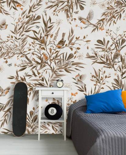 mural de berçário personalizável branco e marrom chamado Playful Robins - Vintage White de Kikki Belle mural de berçário personalizável branco e marrom chamado Playful Robins - Vintage White de Kikki Belle