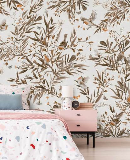 white and brown customisable nursery mural called Playful Robins - Vintage White by Kikki Belle white and brown customisable nursery mural called Playful Robins - Vintage White by Kikki Belle