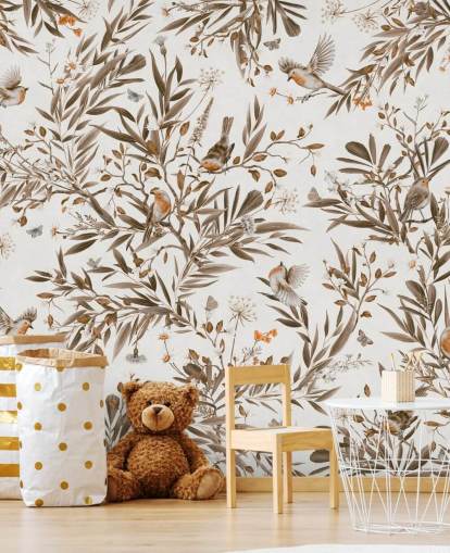 murale per cameretta personalizzabile bianco e marrone chiamato Playful Robins - Vintage White di Kikki Belle murale per cameretta personalizzabile bianco e marrone chiamato Playful Robins - Vintage White di Kikki Belle