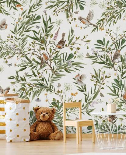 white and green custom kids bedroom mural called Playful Robins - White by Kikki Belle white and green custom kids bedroom mural called Playful Robins - White by Kikki Belle
