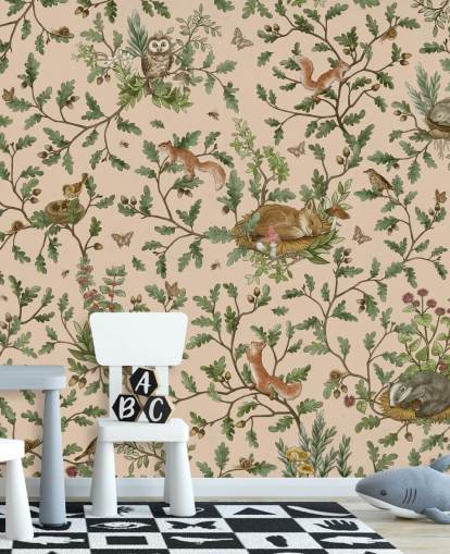 beige custom kids mural called Playful Woods - Beige by Kikki Belle for nursery and child bedroom walls beige custom kids mural called Playful Woods - Beige by Kikki Belle for nursery and child bedroom walls