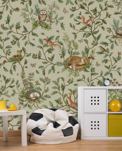 mural de quarto infantil personalizável em verde e marrom chamado Playful Woods - Green de Kikki Belle mural de quarto infantil personalizável em verde e marrom chamado Playful Woods - Green de Kikki Belle