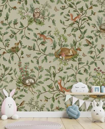 green and brown customisable kids bedroom mural called Playful Woods - Green by Kikki Belle green and brown customisable kids bedroom mural called Playful Woods - Green by Kikki Belle