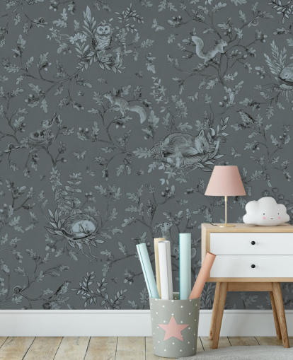 murale blu personalizzato per sala giochi per bambini chiamato Playful Woods - Monochrome Blue by Kikki Belle murale blu personalizzato per sala giochi per bambini chiamato Playful Woods - Monochrome Blue by Kikki Belle