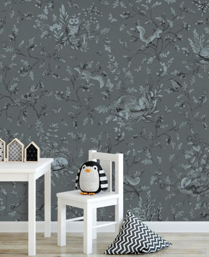 mural azul personalizado de sala de jogos para crianças chamado Playful Woods - Monochrome Blue de Kikki Belle mural azul personalizado de sala de jogos para crianças chamado Playful Woods - Monochrome Blue de Kikki Belle