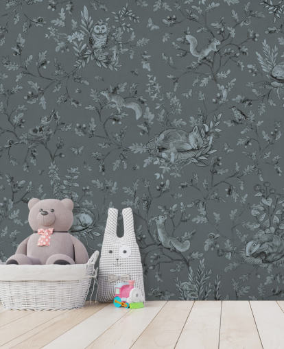 mural azul personalizado de sala de jogos para crianças chamado Playful Woods - Monochrome Blue de Kikki Belle mural azul personalizado de sala de jogos para crianças chamado Playful Woods - Monochrome Blue de Kikki Belle