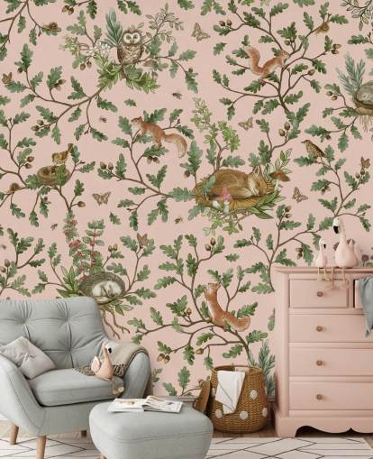 pink and green customisable nursery mural called Playful Woods - Pink by Kikki Belle pink and green customisable nursery mural called Playful Woods - Pink by Kikki Belle