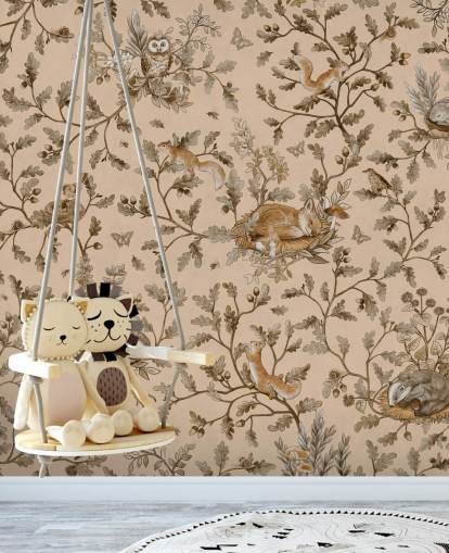 mural de berçário personalizável em bege chamado Playful Woods - Vintage Beige de Kikki Belle mural de berçário personalizável em bege chamado Playful Woods - Vintage Beige de Kikki Belle