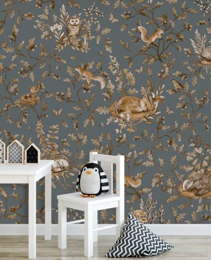 blue and brown nursery wall mural called Playful Woods - Vintage Blue by Kikki Belle blue and brown nursery wall mural called Playful Woods - Vintage Blue by Kikki Belle