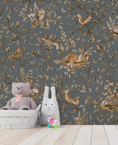 peinture murale bleue et marron pour chambre d'enfant appelée Playful Woods - Vintage Blue de Kikki Belle peinture murale bleue et marron pour chambre d'enfant appelée Playful Woods - Vintage Blue de Kikki Belle