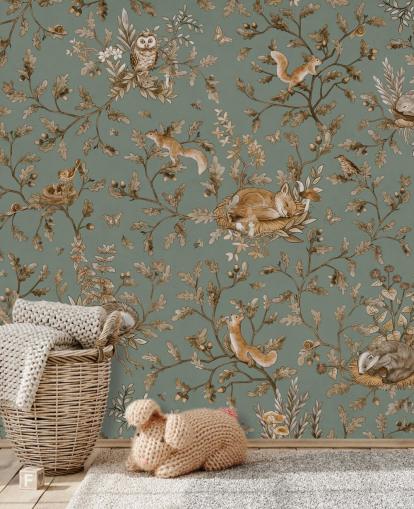 mural de sala de jogos personalizado em verde e marrom chamado Playful Woods - Vintage Green de Kikki Belle mural de sala de jogos personalizado em verde e marrom chamado Playful Woods - Vintage Green de Kikki Belle